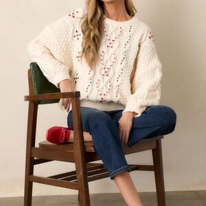 Entro Cream Knit Sweater with Red and Green Details